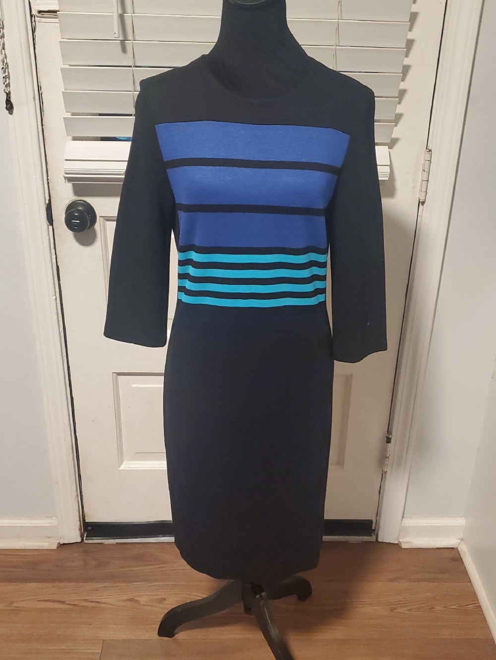 Per Se Black Dress with Blue and Teal Stripe Bodice